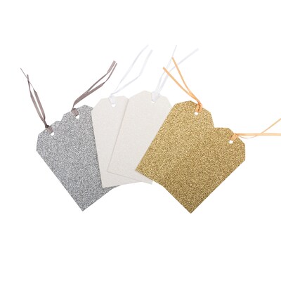 JAM PAPER Holiday Gift Tags with Ribbon, 3 3/4 x 1 1/2, Glitter Classic Seasonal, 6/Pack (207737254)