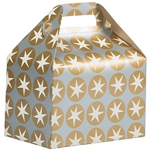 JAM PAPER Gable Gift Box with Handle, Medium, 4 x 8 x 5 1/4, Silver & Gold Stars Design