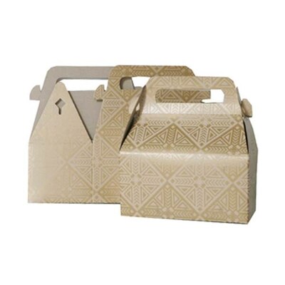 JAM PAPER Gable Gift Box with Handle, Small, 3 1/4 x 6 x 3, Gold & Kraft Design (4353511)