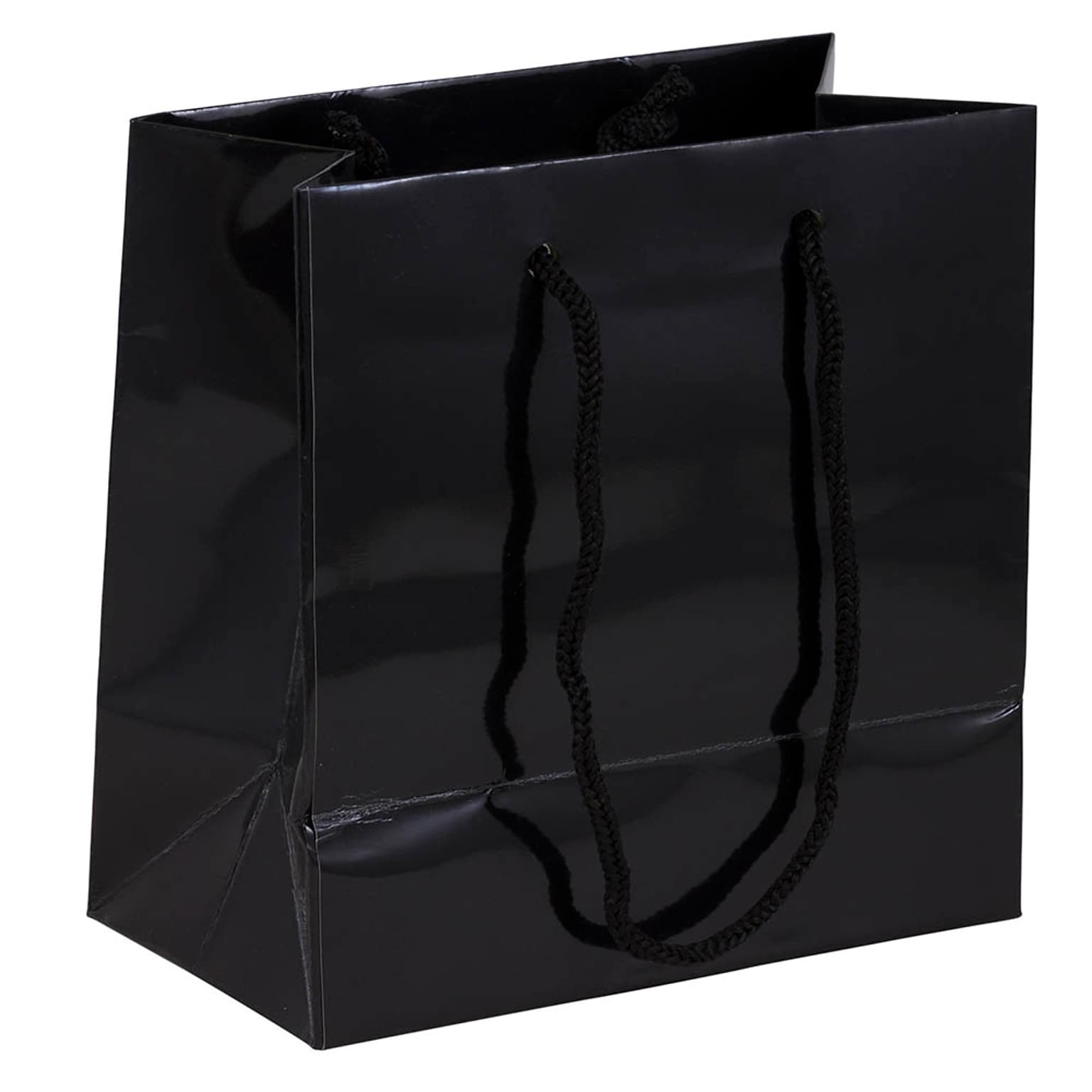 JAM PAPER Gift Bags with Rope Handles, Small Square, 6 1/2 x 6 1/2 x 3 1/2, Black Glossy, Bulk 100 Bags/Pack (896GLBL100)