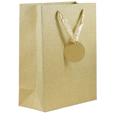 JAM PAPER No-Mess Glitter Gift Bags, Large, 10 x 13 x 5, Gold, 12/Pack (376534109B)