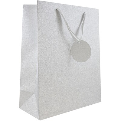 JAM PAPER No-Mess Glitter Gift Bags, Large, 10 x 13 x 5, Silver, 6/Pack (376534110A)