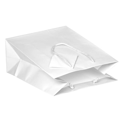 JAM PAPER Glossy Gift Bags with Rope Handles, Medium, 8 x 4 x 10, White, Bulk 100 Bags/Pack (672GLWH100)