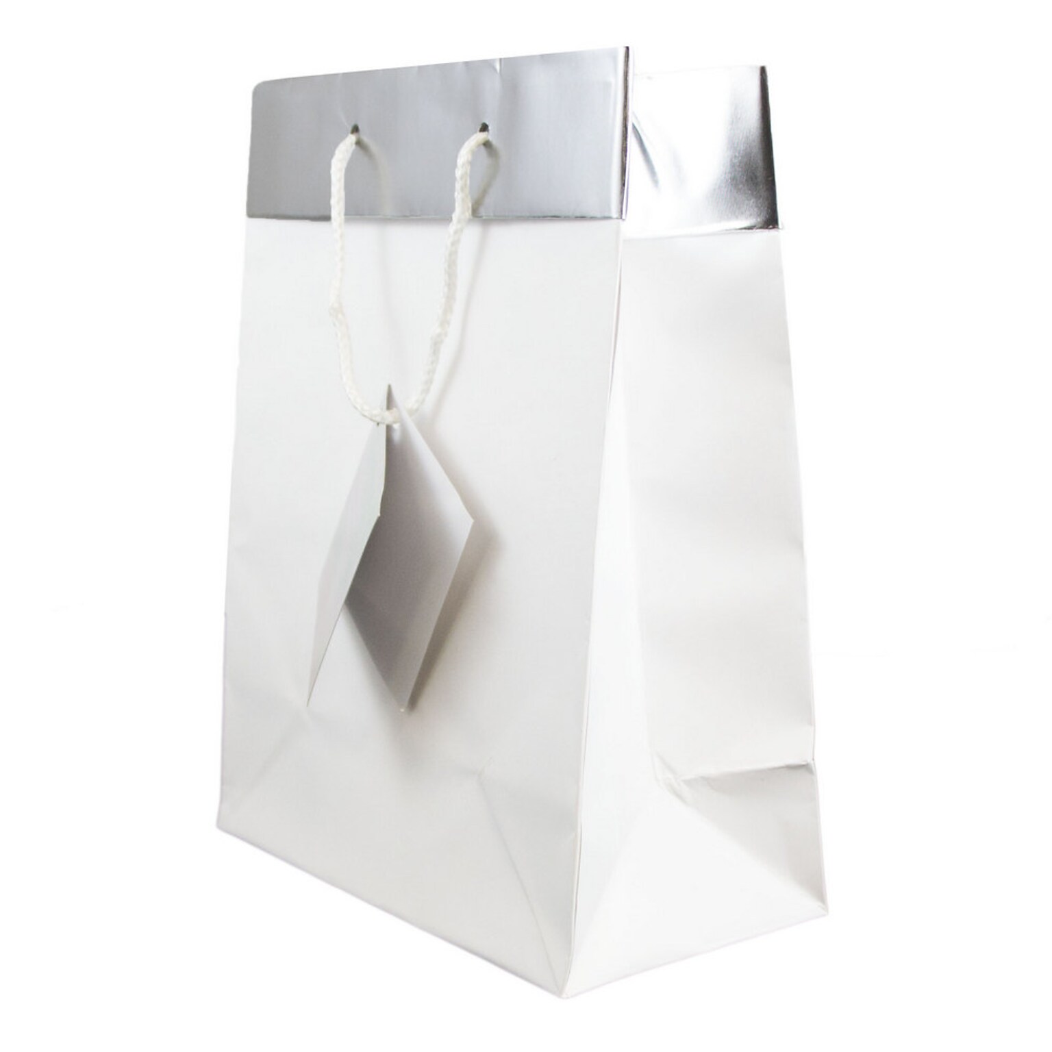 JAM PAPER Gift Bags with Rope Handles, Medium, 8 x 10 x 4- White Matte with Silver Top, 24/box (4431768B)
