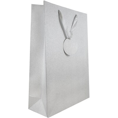 JAM PAPER No-Mess Glitter Gift Bags, Extra Large, 12 x 18 x 5, Silver, 6/Pack (376534112A)