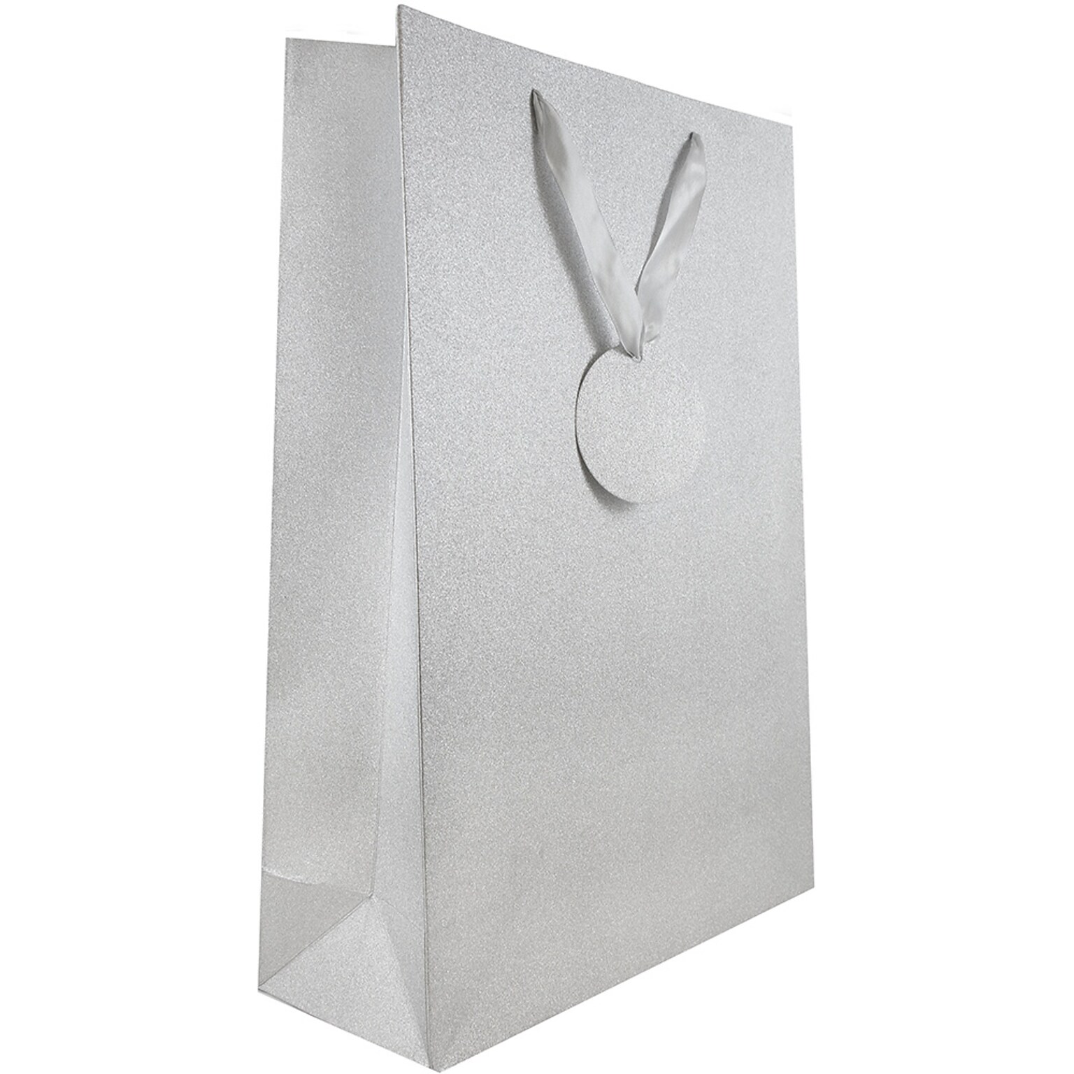JAM PAPER No-Mess Glitter Gift Bags, Extra Large, 12 x 18 x 5, Silver, 6/Pack (376534112A)