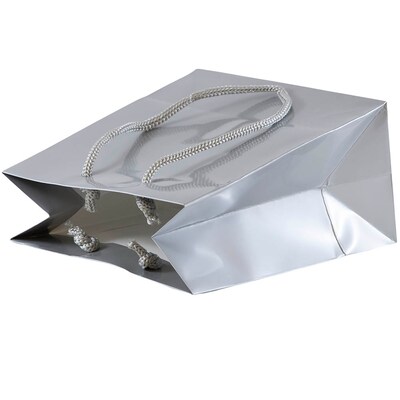 JAM Paper Glossy Gift Bag with Rope Handles, 6.5" x 6.5" x 3.5", Silver, 3 Bags/Pack (896GLSIA)