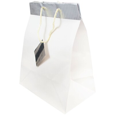 JAM PAPER Gift Bags with Rope Handles, Large, 10 x 13 x 6, White Pinstripe with Silver Top, 24/box (4431740B)