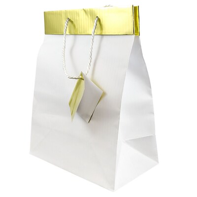 JAM PAPER Gift Bags with Rope Handles, Large, 10 x 13 x 6, White Pinstripe with Gold Top, 24/box (4431742B)