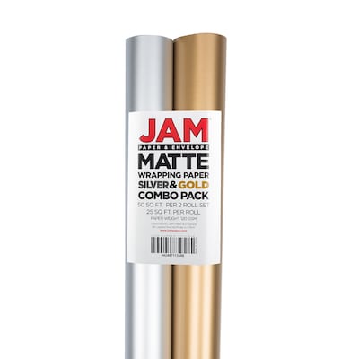 JAM PAPER Assorted Gift Wrap, Matte Wrapping Paper, 50 Sq Ft Total, Matte Gold & Silver Foil Combo Set, 2 Rolls/Pack