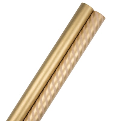 JAM PAPER Gift Wrap, Stripes & Solids Combo Wrapping Paper, 50 Sq Ft Total, Gold, 2/Pack