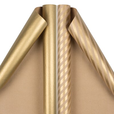 JAM PAPER Gift Wrap, Stripes & Solids Combo Wrapping Paper, 50 Sq Ft Total, Gold, 2/Pack