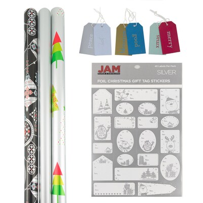 JAM PAPER Assorted Wrap & Tags, 62.5 Sq Ft, Sterling Christmas, 1 Pack of Name Labels, 1 Pack of Gift Tags & 3 Rolls