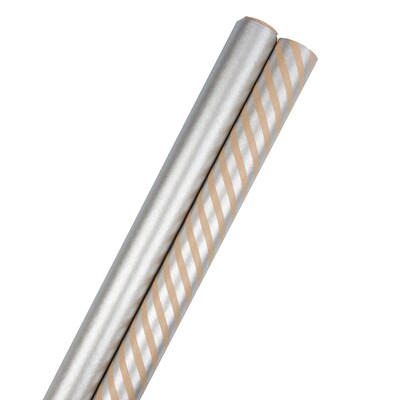 JAM PAPER Gift Wrap, Stripes & Solids Combo Wrapping Paper, 50 Sq Ft Total, Silver, 2/Pack