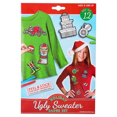 JAM PAPER Ugly Sweater Sticker Set w/ 3 Mini Markers, Kids Stocking Stuffer, 12 Badges/Pack