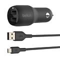 Belkin BOOST CHARGE Dual USB-A Car Charger 24W + USB-A to Micro-USB Cable, Black