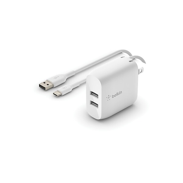 Belkin BOOST CHARGE Dual USB-A Wall Charger, 24W + USB-A to USB-C Cable, White