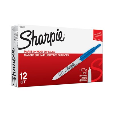 Sharpie Retractable Permanent Markers, Ultra Fine Tip, Blue, 12/Pack (1735792)