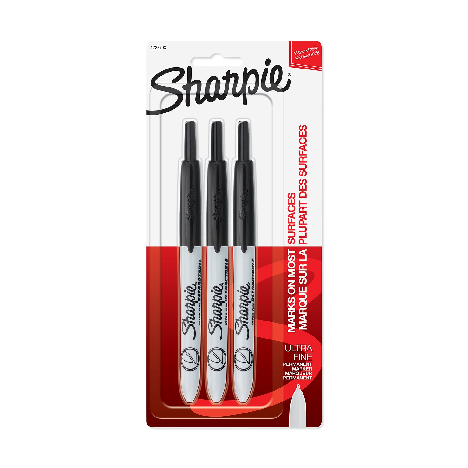 Sharpie Retractable Permanent Markers, Ultra Fine Tip, Black, 3/Pack (1735793)