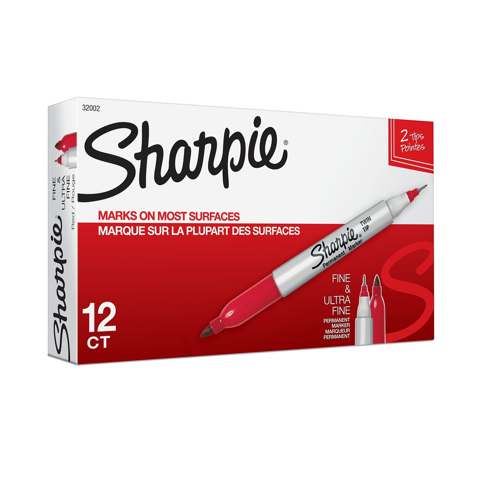 Sharpie Permanent Markers, Twin Tip, Red, 12/Pack (32002)
