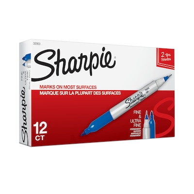 Sharpie Permanent Markers, Twin Tip, Blue, 12/Pack (32003)