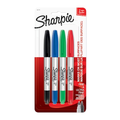 Sharpie Permanent Markers, Twin Tip, Assorted, 4/Pack (32174)