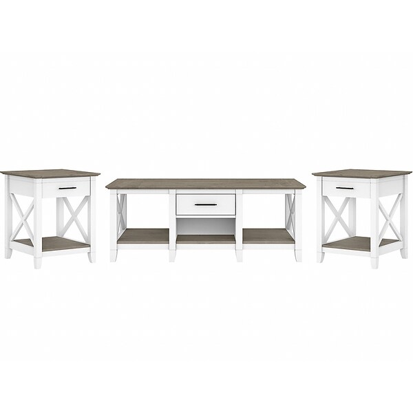 Bush Furniture Key West 47 x 24 Coffee Table with 2 End Tables, Shiplap Gray/Pure White (KWS023G2W)