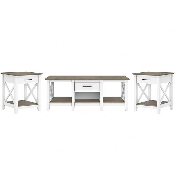 Bush Furniture Key West 47 x 24 Coffee Table with 2 End Tables, Shiplap Gray/Pure White (KWS023G2W)