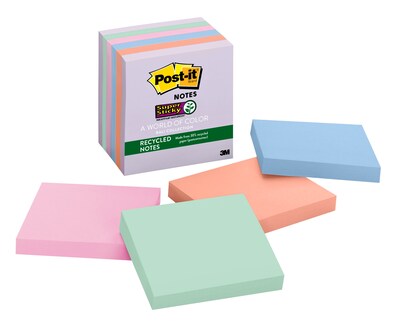 Post-it® Super Sticky Recycled Notes, 3 x 3, Wanderlust Pastels, 70 Sheets/Pad, 6 Pads/Pack (654-6SSN)