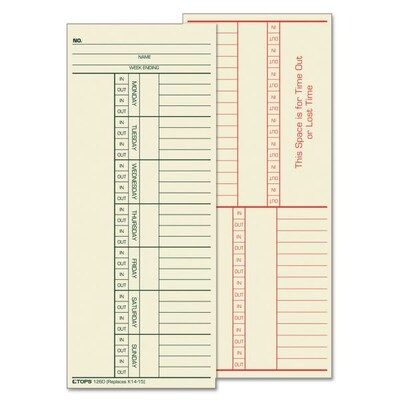 TOPS Time Cards for Acroprint 125, 150, 175, ES700, ES900, ESP180, Amano PIX, TCX Series Time Clock, 500/Box (1260)