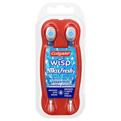 Colgate® MaxFresh Wisp Disposable Mini Toothbrush, Peppermint, 4/Pack (168910)