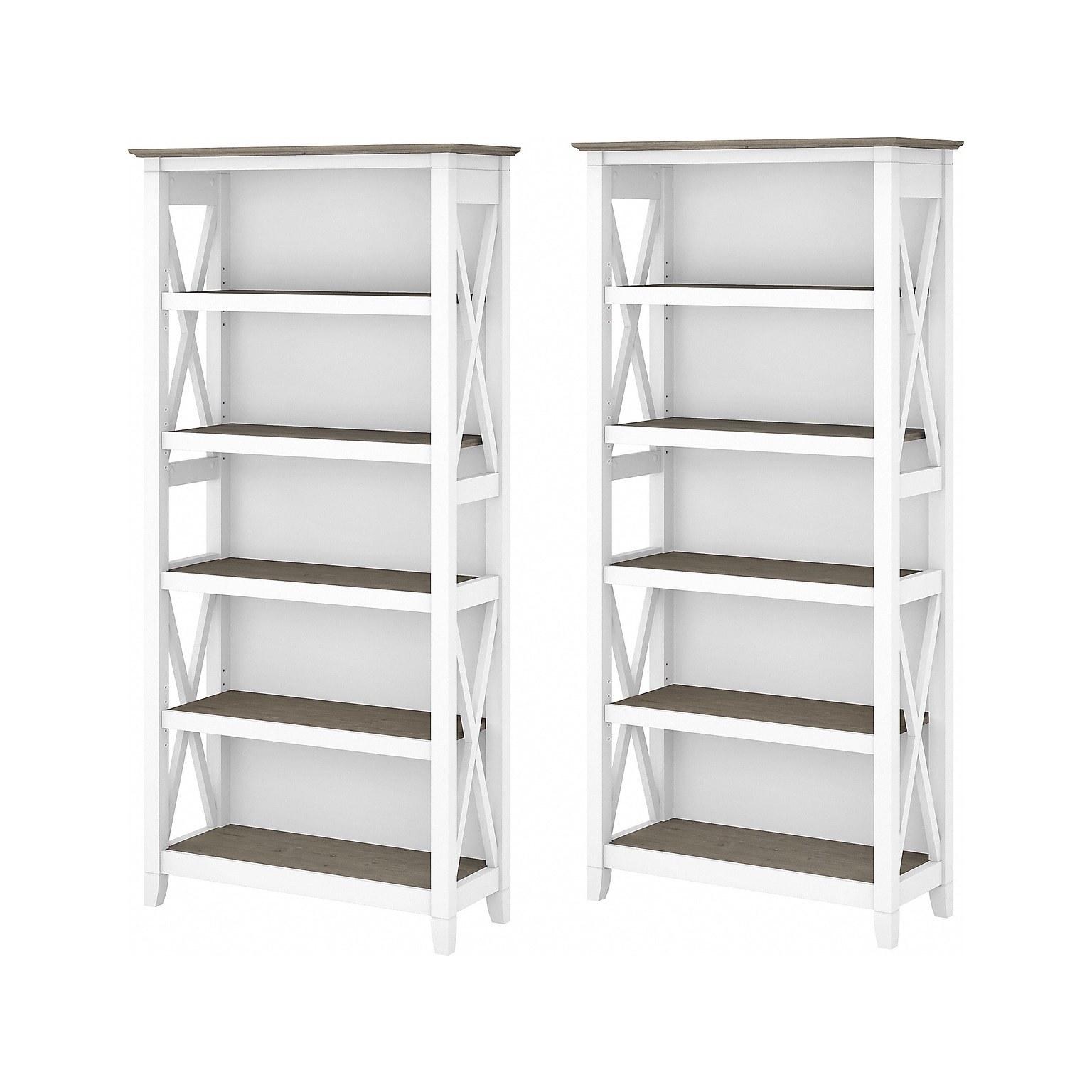 Bush Furniture Key West 66H 5-Shelf Bookcase with Adjustable Shelves, Shiplap Gray/Pure White Laminated Wood, 2/Set (KWS046G2W)