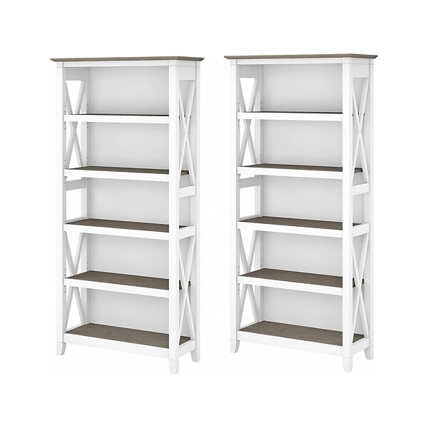 Bush Furniture Key West 5-Shelf 66H Bookcase Set, Shiplap Gray/Pure White (KWS046G2W)