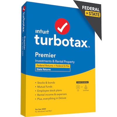 TurboTax Desktop Premier 2020 Fed + E-File & State for 1 User, Windows/Mac, CD/Download (608716)
