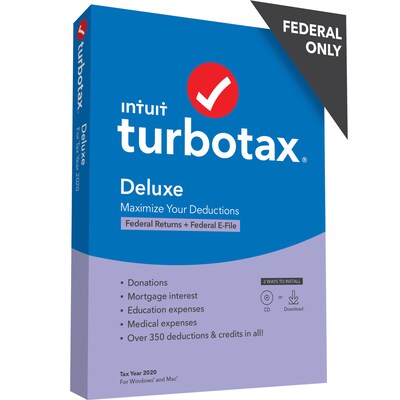 TurboTax Desktop Deluxe 2020 Federal Only + E-File (No State) for 1 User, Windows/Mac, CD/Download (608691)