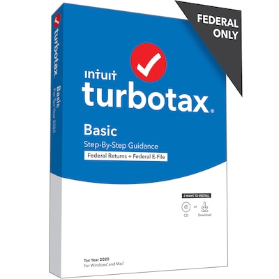 TurboTax Desktop Basic 2020 Federal Only + E-File for 1 User, Windows/Mac, CD/Download (608660)