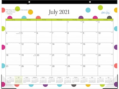 2021-2022 Blue Sky 17 x 22 Academic Desk Pad Calendar, Teacher Dots, Multicolor (105496-A22)