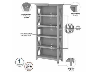 Bush Furniture Key West 66"H 5-Shelf Bookcase with Adjustable Shelves, Cape Cod Gray Laminated Wood (KWB132CG-03)