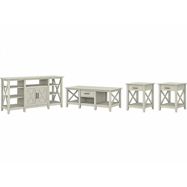 Bush Furniture Key West Tall TV Stand with Coffee Table and 2 End Tables, Linen White Oak, Screens up to 65 (KWS025LW)