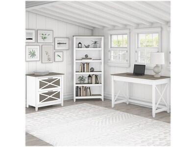 Bush Furniture Key West 48 Writing Desk with File Cabinet and 5-Shelf Bookcase, Shiplap Gray/Pure W