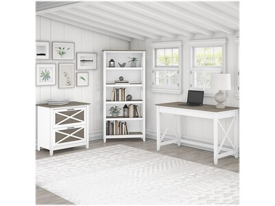 Bush Furniture Key West 48" Writing Desk with File Cabinet and 5-Shelf Bookcase, Shiplap Gray/Pure White (KWS004G2W)