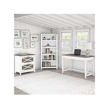 Bush Furniture Key West 48 Writing Desk with File Cabinet and 5-Shelf Bookcase, Shiplap Gray/Pure W