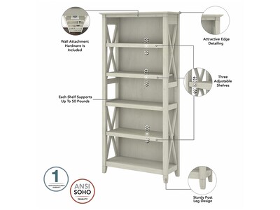 Bush Furniture Key West 48"W Writing Desk with 2 Drawer Lateral File Cabinet and 5 Shelf Bookcase, Linen White Oak (KWS004LW)