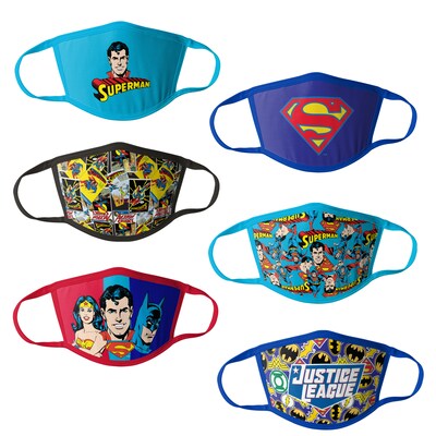 Justice League Reusable Kids Cloth Face Masks, Assorted, 6/Pack (HCBMP1864)