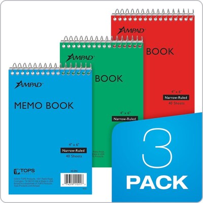 Ampad Memo Books, 4" x 6", Narrow Ruled, Assorted Colors, 40 Sheets/Pad, 3 Pads/Pack (AMP45094)