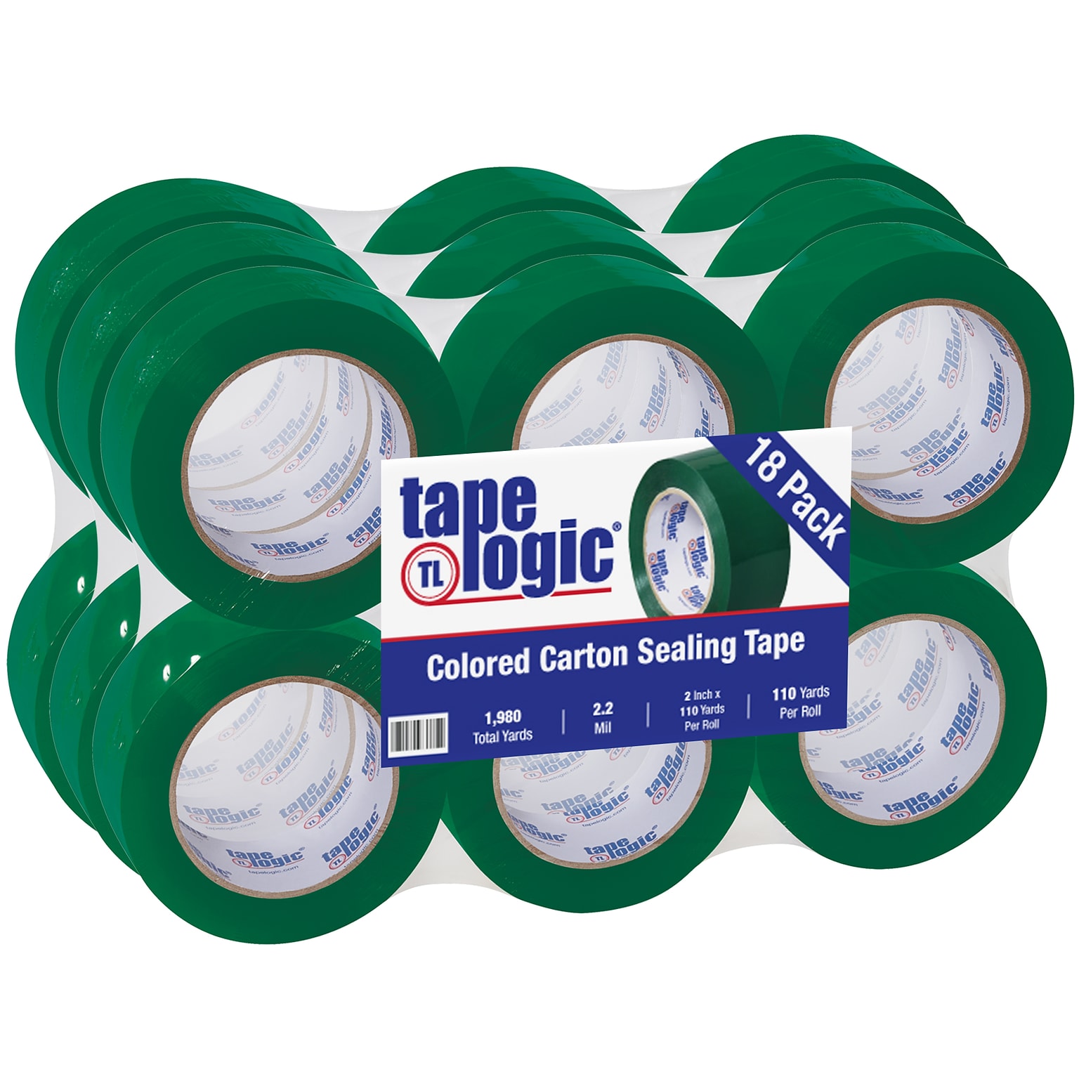 Tape Logic Colored Carton Sealing Heavy Duty Packing Tape, 2 x 110 yds., Green, 18/Carton (T90222G18PK)