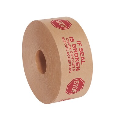 Tape Logic® #7500 Pre-Printed Reinforced Water Activated Tape, Stop, 3 x 450, Kraft, 10/Case (T9077500RA)
