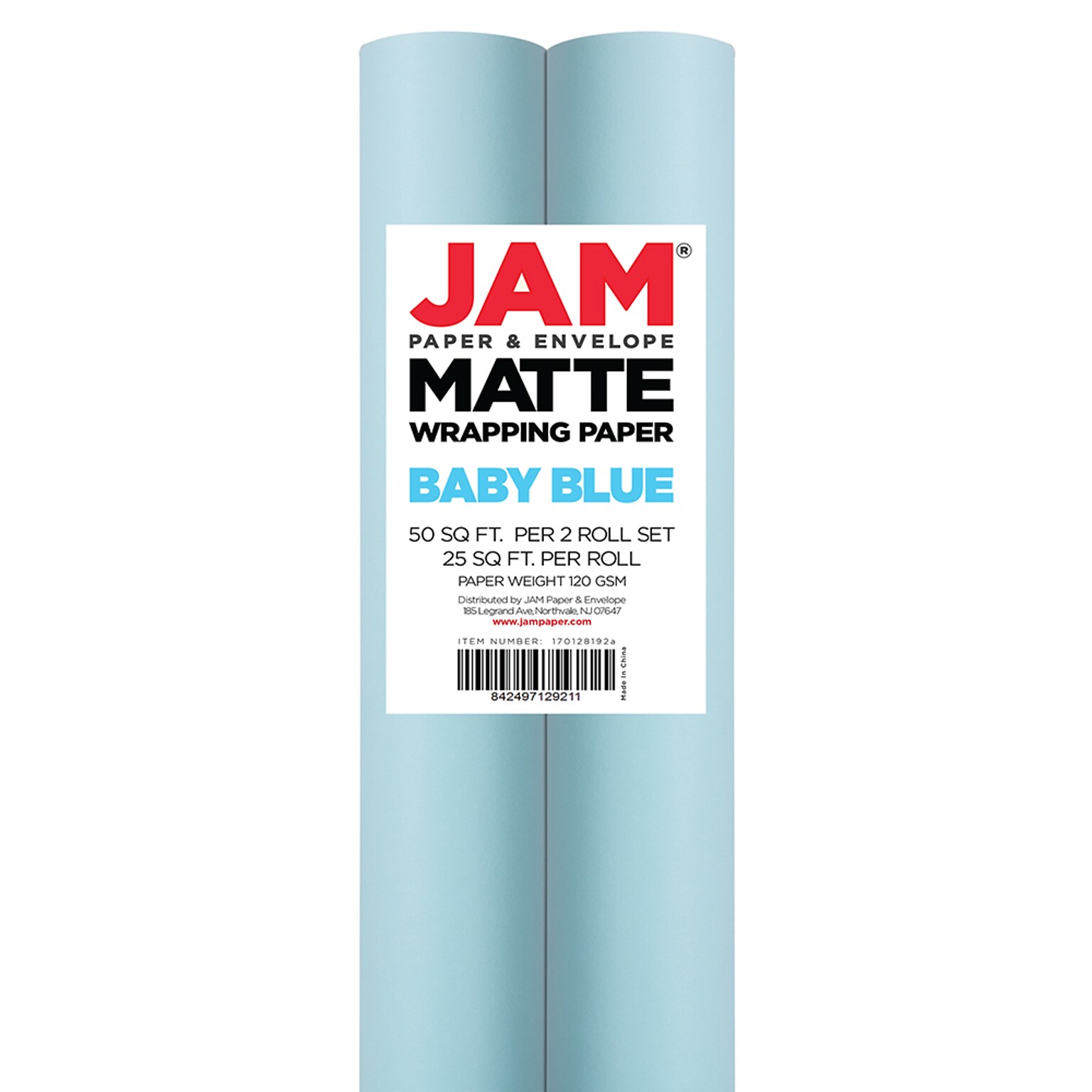 JAM Paper Wrapping Paper, 25 Sq. ft. x 30, Matte Light Baby Blue/Pool Blue, 2/Pack (170128192A)
