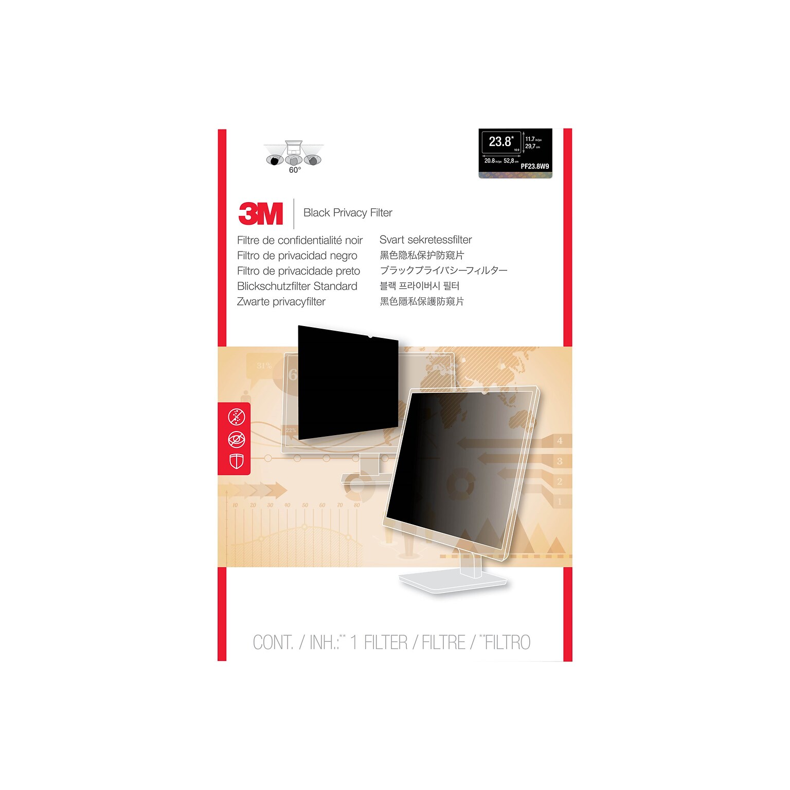 3M Anti-Glare Privacy Filter for 23.8 Widescreen Monitor, 16:9 Aspect Ratio (PF238W9B)