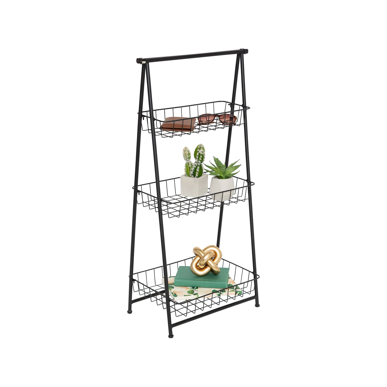 Honey-Can-Do 3-Tier Metal Stand Alone Folding A-Frame Entryway Shelf, 17, Black (SHF-08580)